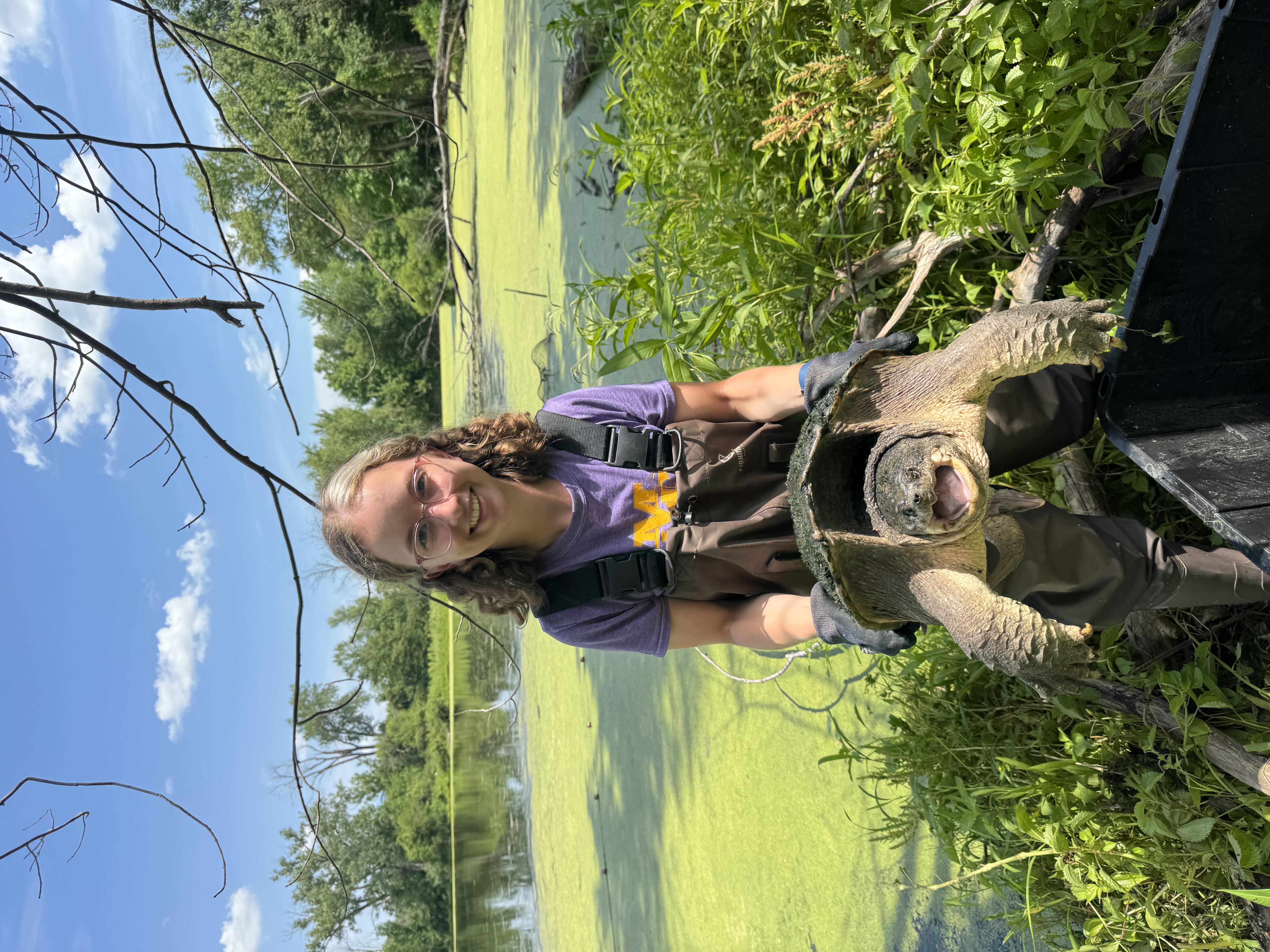 Sachi DeWinter holding a turtle at Nahant Marsh during her summer internship.